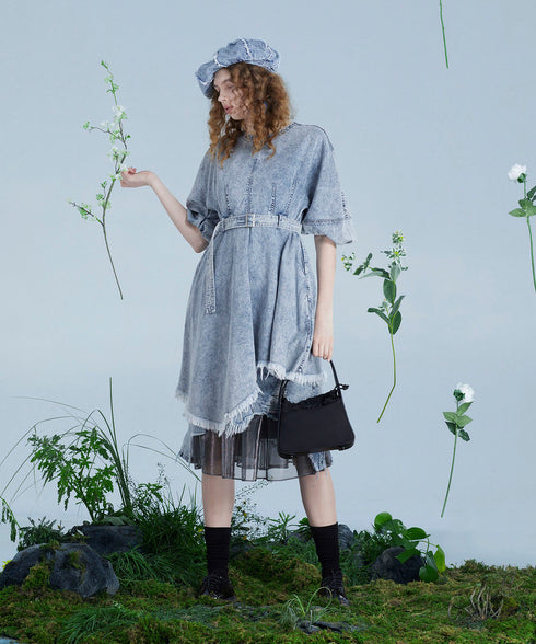 Washed Denim Belted Flare Dress
